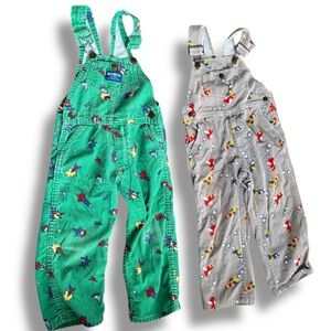 Vtg 70s OshKosh B'gosh Kids Overalls Green corduroy rockets gray airplanes 3t 4t